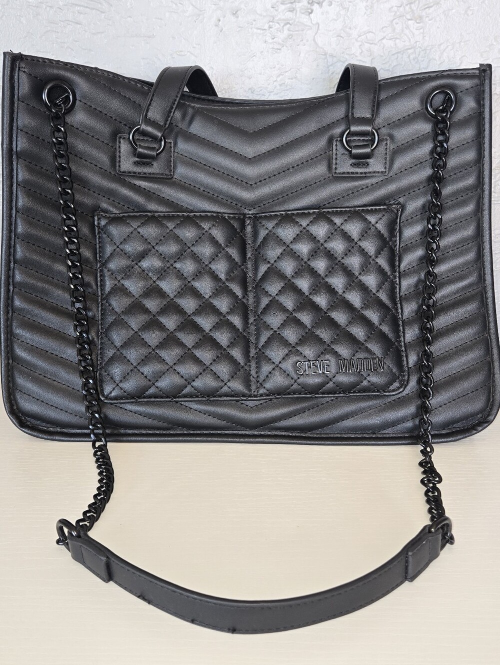 Steve Madden Black Quilted Shoulder Tote with Removeable Chain Straps